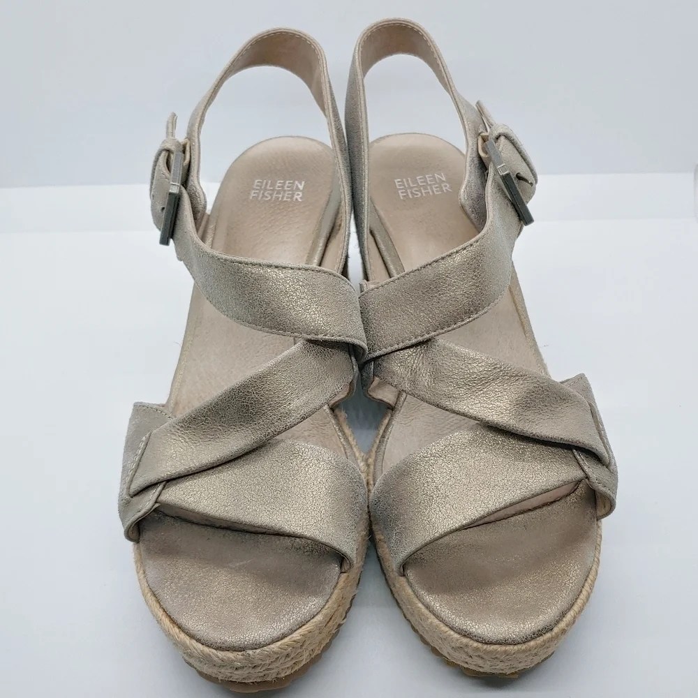 Eileen Fisher Beckon Metallic Suede Espadrille Wedge Sz 7.5 Asymmetrically Strap